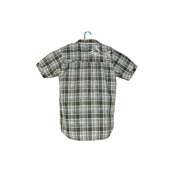 Mens Prana Plaid Embroidered Design Button Up Shirt Green Gray Light Yellow Sz M - Picture 2 of 9